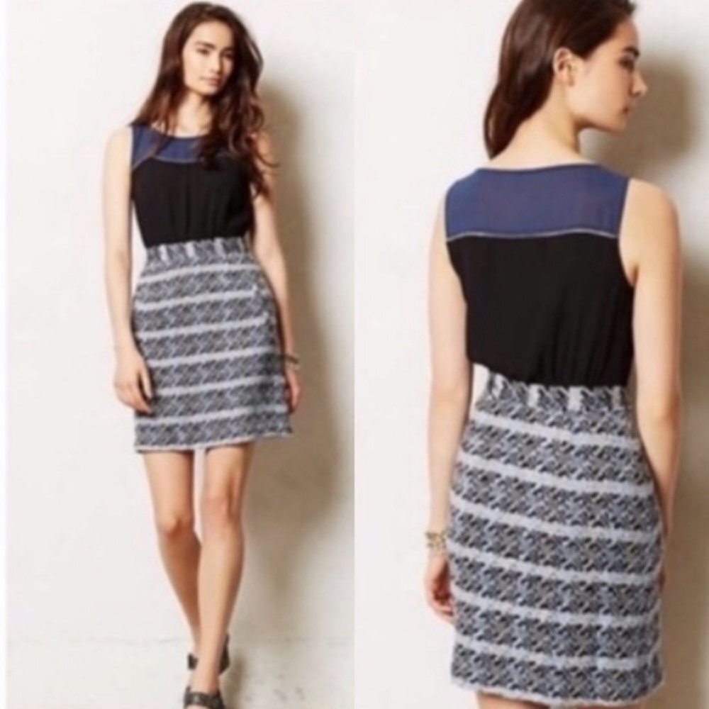 Anthropologie Tweed Carlington Dress Moulinette Sœurs Size 0 Navy Blue Bohemian